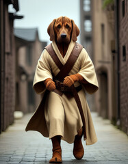 Bloodhound Cleric, Monk, Wearing Robe Walking Down Cobblestone Street Anthromorphic Generative AI illustration - obrazy, fototapety, plakaty