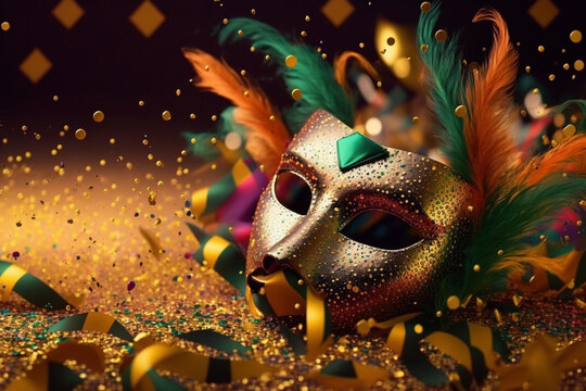 abstract background with brazilian carnival party theme, confetti, streamers, glitter, masks, creative IA	
