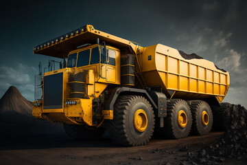 Anthracite coal mining industry, large yellow mining truck. Generative AI