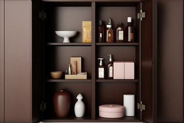 Fototapeta na wymiar On a white wall, a clipping path is used to isolate an open dark brown bathroom cabinet filled with toiletries and cosmetics. Generative AI
