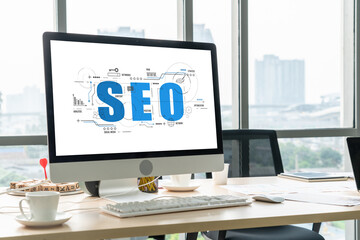 SEO search engine optimization for modish e-commerce and online retail business showing on computer...