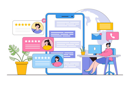 Flat customer support with smartphone concept. Outline design style minimal vector illustration for landing page, web banner, infographics, hero images