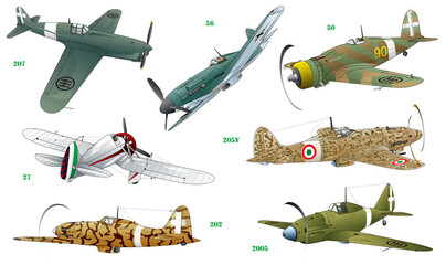 7 types of Italian world war 2 single engine propeller war fighter illustration. © SAIGLOBALNT