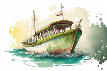 cartoon style watercolor drawing of a boat. Generative AI
