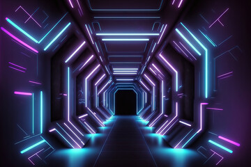 Futuristic Abstract Psychedelic Fluorescent Neon Science Fiction Brilliant Purple Blue Glow Laser Display Spaceship Retro Modern Virtual Background Stage Dark Room Shapes of Corridor Tunnels