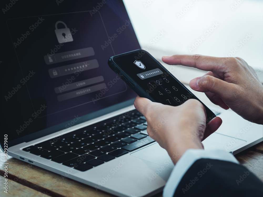 Poster two steps authentication (2fa) concept. shield icon and password code showing on smart phone screen 