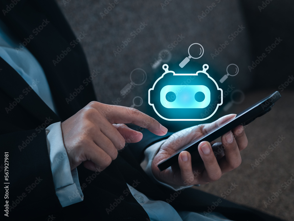 Poster ai search (searching by artificial intelligence technology) concepts. chatbot, smart robot icon appe