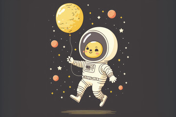 Fototapeta premium Cartoon symbol of a cute astronaut floating in space with a moon balloon. science technology symbol design, flat cartoon style, isolated. Generative AI