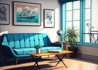 Room with blue sofa, bench, metal and wood table. Generative AI