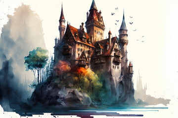 Castles of fantastical fantasy. digital and watercolor illustration art. Generative AI