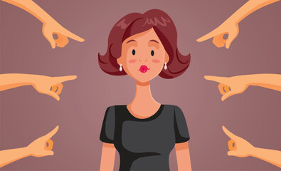People Accusing a Young Woman Pointing Fingers Vector Cartoon. Society blaming a pretty young woman because of its prejudice and misogyny 
 - obrazy, fototapety, plakaty