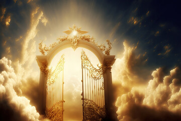 An image of the pearly gates of heaven opening, with the bright side of heaven standing out against the more subdued background. Generative AI