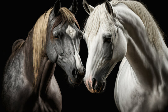 Close up of two horses against a black background. Generative AI
