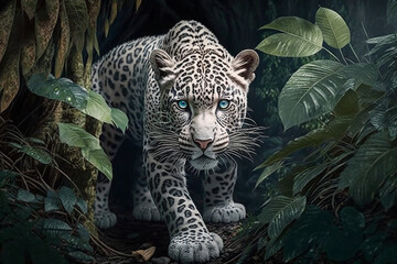 A leopard is lurking behind the leaves. Generative AI. Lovely leopard wallpaper. - obrazy, fototapety, plakaty
