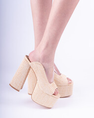 photographs of foot models, with women's shoes on a white background.