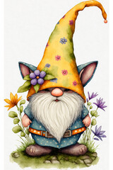 Yellow Easter Bunny Gnome, Beuatiful Flower, Watercolor Style, Generative AI