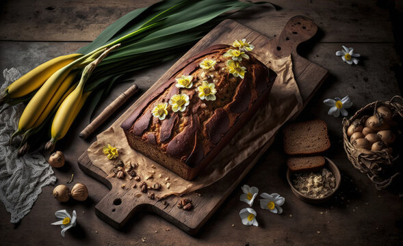 Bananas from an organic farm in Thailand were used to make this soft and nutritious bananabread, which was baked according to a traditional healthy Norwegian recipe. Generative AI