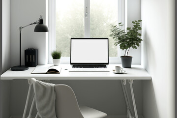 Fototapeta na wymiar Blogger or independent contractor workspace with front view of laptop and white background. desk for a home office furnished in simplicity. Generative AI