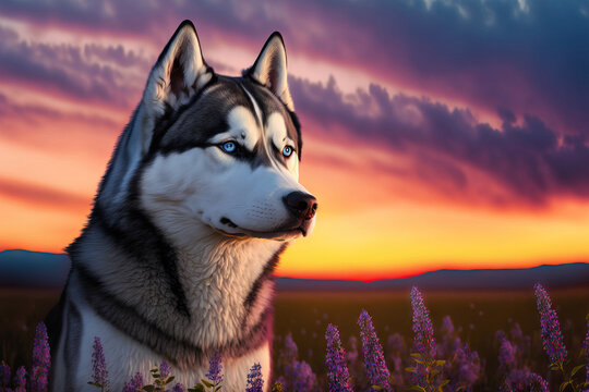 Siberian Husky against a dusk sky. huge dog. Generative AI