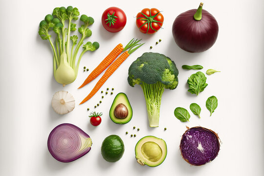 Inventive design with a white background and green peas, cabbage, sweet potatoes, avocados, tomatoes, onions, beets, peppers, aubergines, artichokes, broccoli, and cucumber. Lay flat. Conceptual image