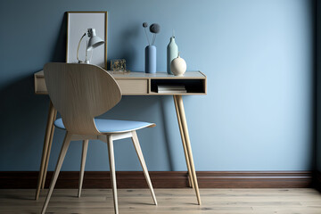 Close up of a wooden chair and table in a home office or study, with a light wood floor and a gray, blue wall in the backdrop. Generative AI