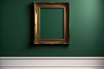 Auction house or museum exhibition, royal green wall, antique art fair gallery frame, blank template with white copyspace for mockup design, artwork concept. Generative AI