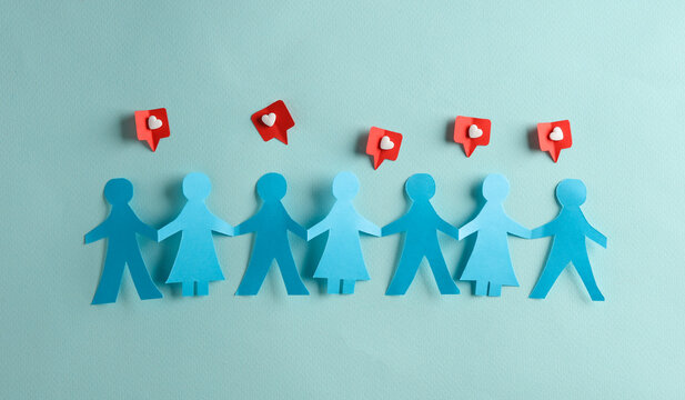 Paper cut chain of people with Social media likes on blue background. Creative minimal layout