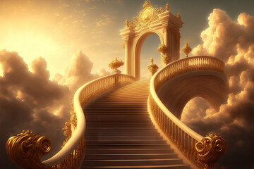The glorious golden kingdom of heaven is reached by ascending golden staircases through the skies. Generative AI
