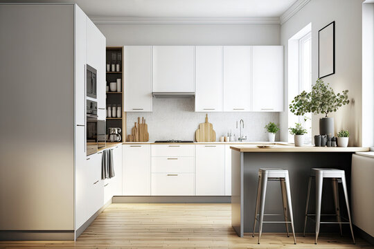 Interior of a white kitchen with a hardwood floor, a light wooden bar, and white cabinets in the distance. image in close up mock up tone. Generative AI