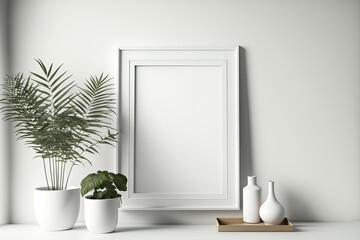 Mockup of a blank picture frame on a white wall. interior design using artwork. Generative AI