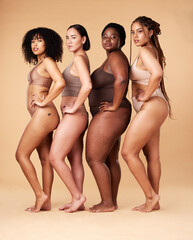 Body positivity, skin and portrait of women group together for inclusion, beauty and power....