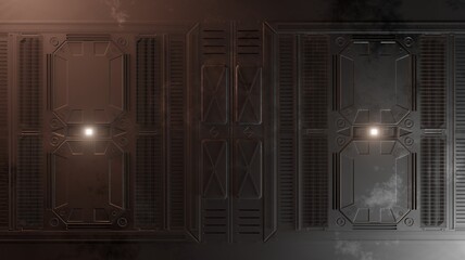 Metal corridor grating entrance hall scene 3d rendering sci-fi wallpaper backgrounds © mapichai