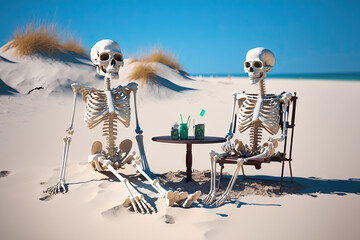 On a beach day, skeletons relax. FL Pensacola. Generative AI - obrazy, fototapety, plakaty