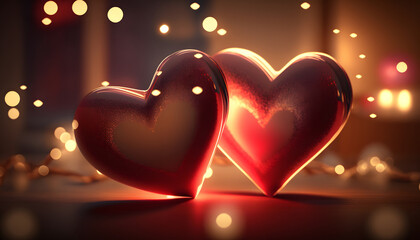 hearts in love, valentine's day, romance, hearts in the middle of a beautiful background, lights with boke, 3d rendering, digital illustration