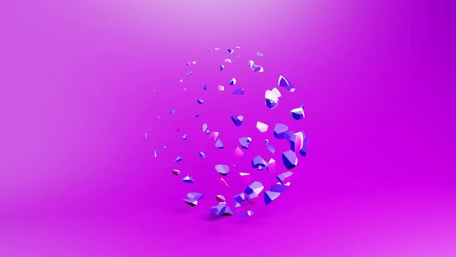 Breaking sphere into small pieces deformation geometric video animation background. Looping 3D motion graphics