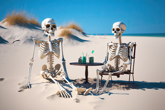 On a beach day, skeletons relax. FL Pensacola. Generative AI