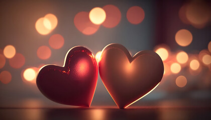 hearts in love, valentine's day, romance, hearts in the middle of a beautiful background, lights with boke, 3d rendering, digital illustration