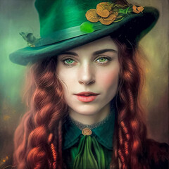 Irish woman wearing a hat for St. Patrick’s Day, generative ai 