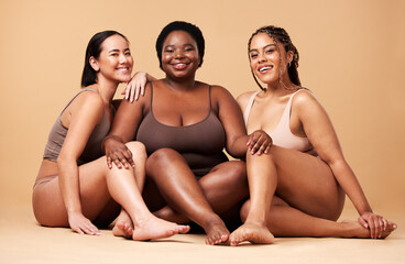 Diversity, women friends and body portrait with skin glow group together for inclusion, beauty and...