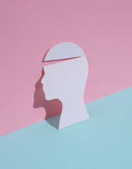 Paper-cut silhouette of a head on a blue-pink pastel background. Mental health