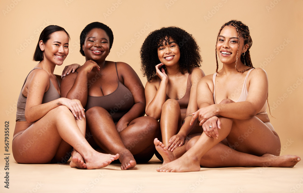 Poster Diversity women, portrait and natural body and skin of group together for inclusion, beauty and power. Aesthetic model people or friend on beige background with pride and motivation for self love