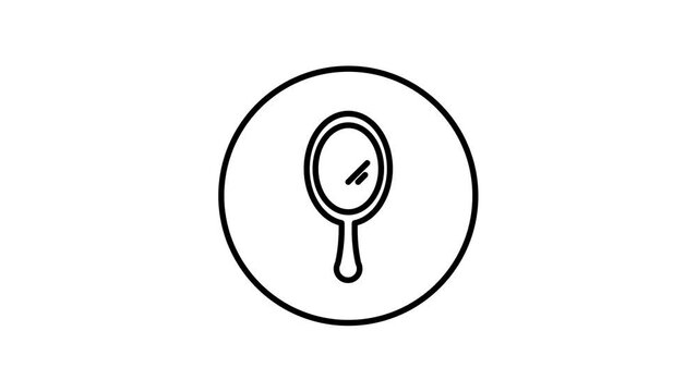 Hand mirror black and white line icon vector illustration in a circle, for web use for reflection, vanity, makeup animation self drawing
