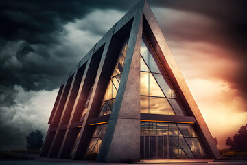 Building façade with contemporary triangular form design with concrete, glass, and steel elements. evening scene lifelike in a photograph. Generative AI