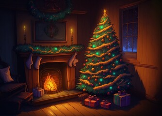 Decorated Christmas Tree Next to a Fireplace with Lights. Generative AI