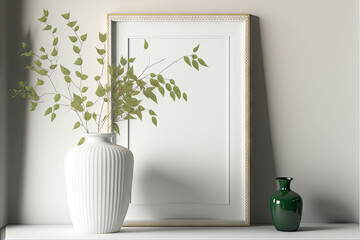 Decorated interior of a home. Interior decoration white frame, branches with green leaves in a vase. Generative AI