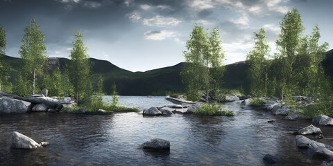 river in the mountains with trees