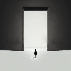 Minimalist illustration of a person in front of a door