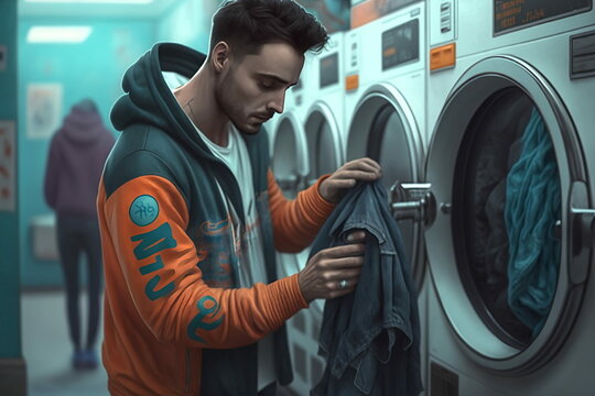 Man Folding Clothes at Laundromat - Generative AI