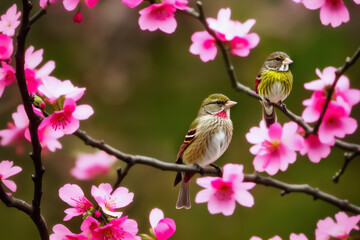 Adorable Finch Perched on a Branch with Spring Blooms in the Background