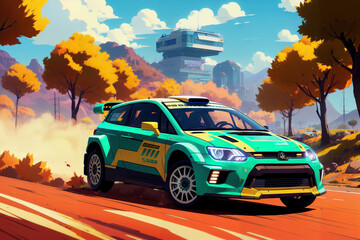 Plakat Rally Car Race in Full Speed Across the Autumn Landscape in a Green Neon Car Generative AI Art Illustration